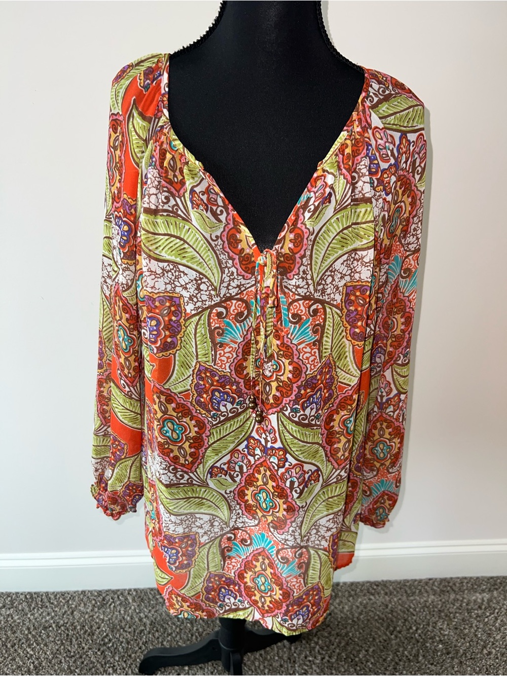 Charter Club Multicolor Paisley Tie-Neck Sheer Layering Top Tunic